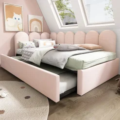 Redom Lit 90x200 cm banquette tapissée velours rose avec lit gigogne 90x190 cm, cadre métal, dossier matelassé