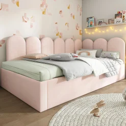Redom Lit 90x200 cm banquette tapissée velours rose avec lit gigogne 90x190 cm, cadre métal, dossier matelassé