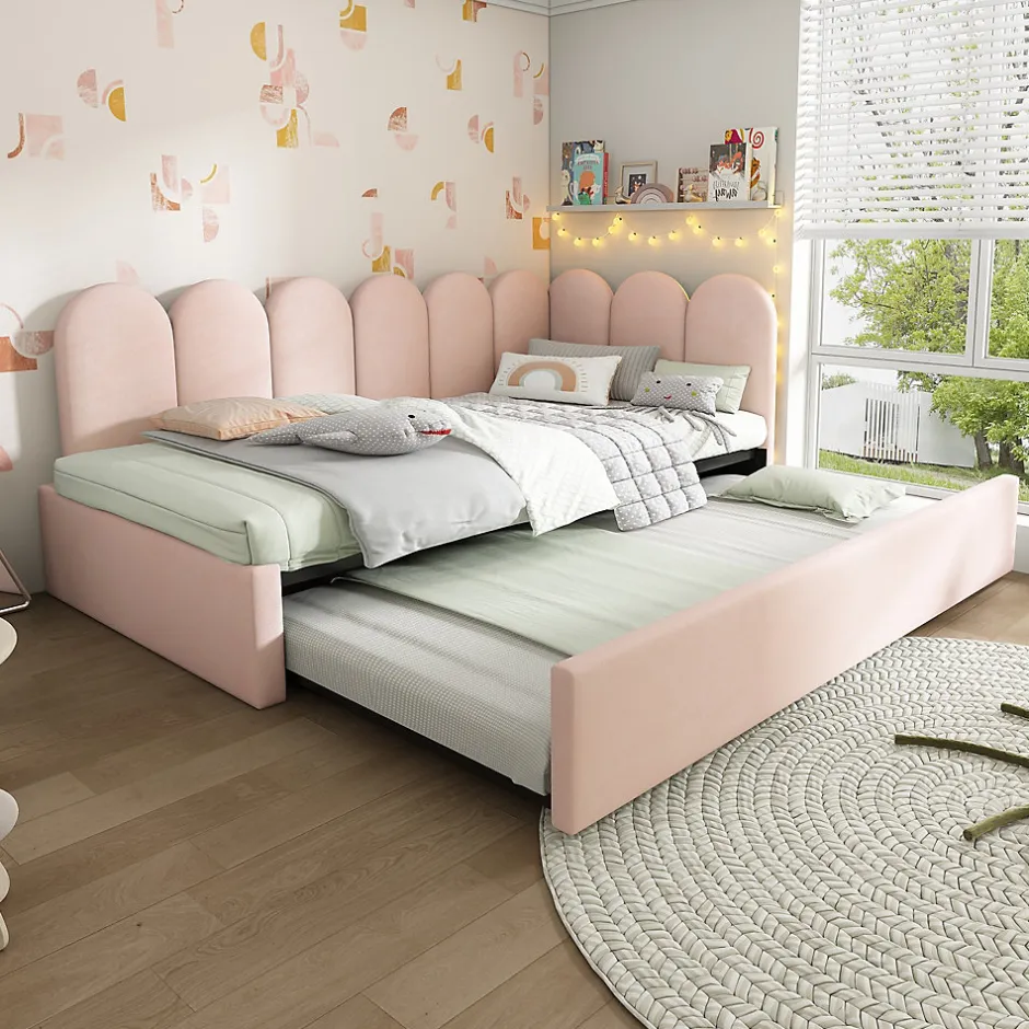Redom Lit 90x200 cm banquette tapissée velours rose avec lit gigogne 90x190 cm, cadre métal, dossier matelassé