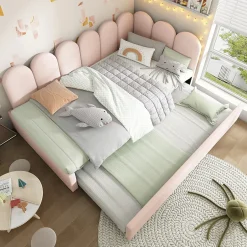 Redom Lit 90x200 cm banquette tapissée velours rose avec lit gigogne 90x190 cm, cadre métal, dossier matelassé
