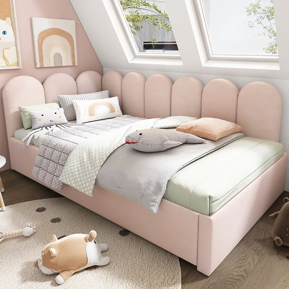 Redom Lit 90x200 cm banquette tapissée velours rose avec lit gigogne 90x190 cm, cadre métal, dossier matelassé