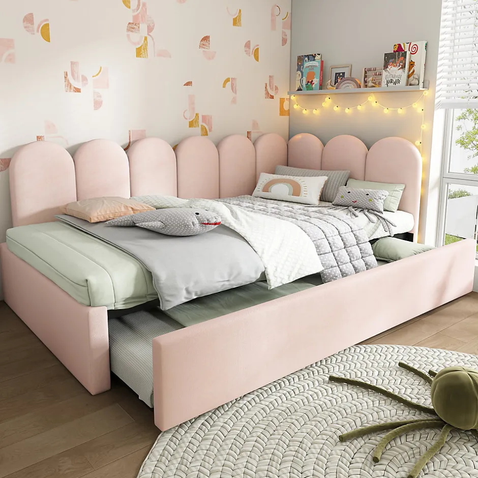 Redom Lit 90x200 cm banquette tapissée velours rose avec lit gigogne 90x190 cm, cadre métal, dossier matelassé