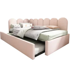 Redom Lit 90x200 cm banquette tapissée velours rose avec lit gigogne 90x190 cm, cadre métal, dossier matelassé
