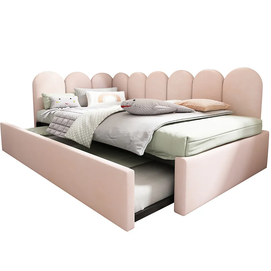 Redom Lit 90x200 cm banquette tapissée velours rose avec lit gigogne 90x190 cm, cadre métal, dossier matelassé