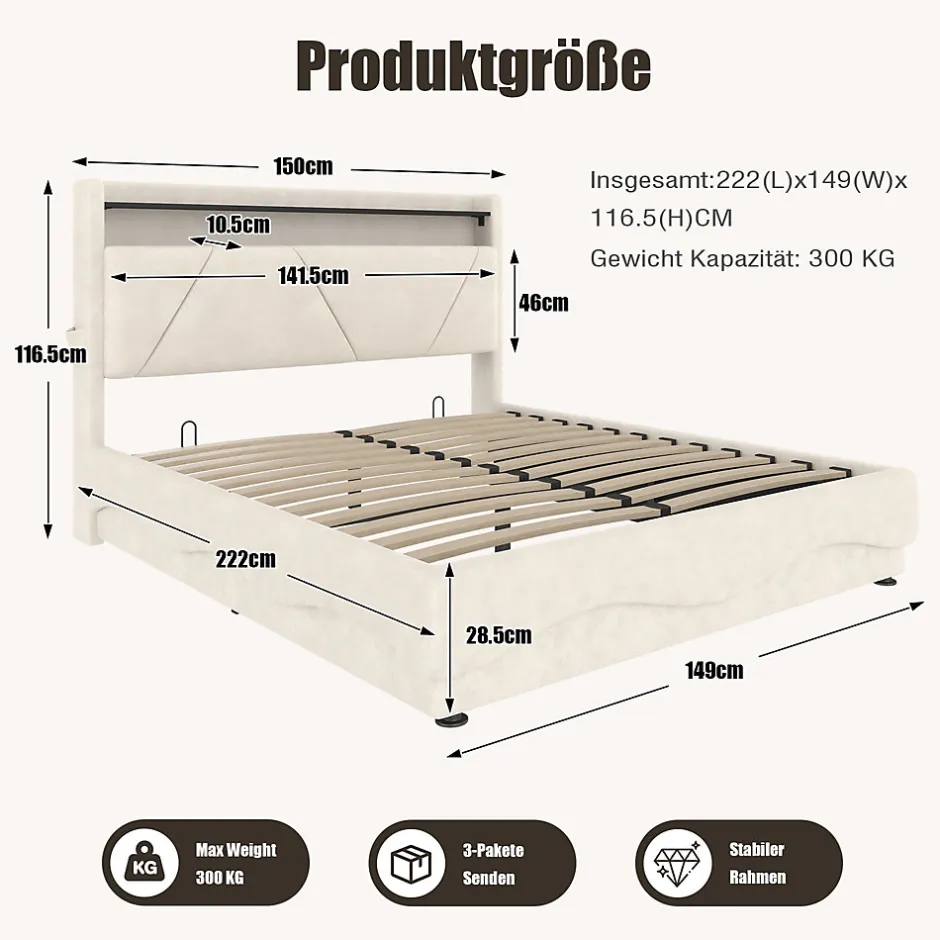 ProximaX Lit 140x200 cm beige avec LED, ports USB-C, rangement sous le lit et tête de lit design Clearance