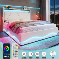 ProximaX Lit 140x200 cm beige avec LED, ports USB-C, rangement sous le lit et tête de lit design Clearance