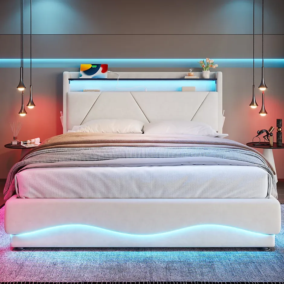 ProximaX Lit 140x200 cm beige avec LED, ports USB-C, rangement sous le lit et tête de lit design Clearance