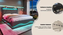 ProximaX Lit 140x200 cm beige avec LED, ports USB-C, rangement sous le lit et tête de lit design Clearance