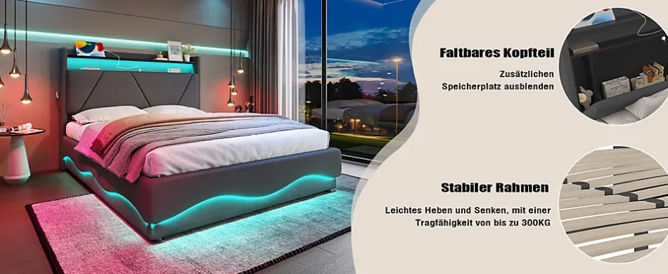 ProximaX Lit 140x200 cm beige avec LED, ports USB-C, rangement sous le lit et tête de lit design Clearance