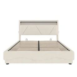 ProximaX Lit 160x200 cm beige avec LED, ports USB-C, rangement sous le lit et tête de lit design Outlet