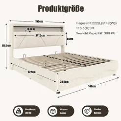 ProximaX Lit 160x200 cm beige avec LED, ports USB-C, rangement sous le lit et tête de lit design Outlet