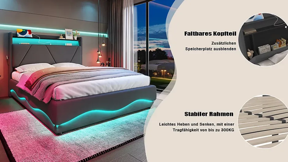 ProximaX Lit 160x200 cm beige avec LED, ports USB-C, rangement sous le lit et tête de lit design Outlet