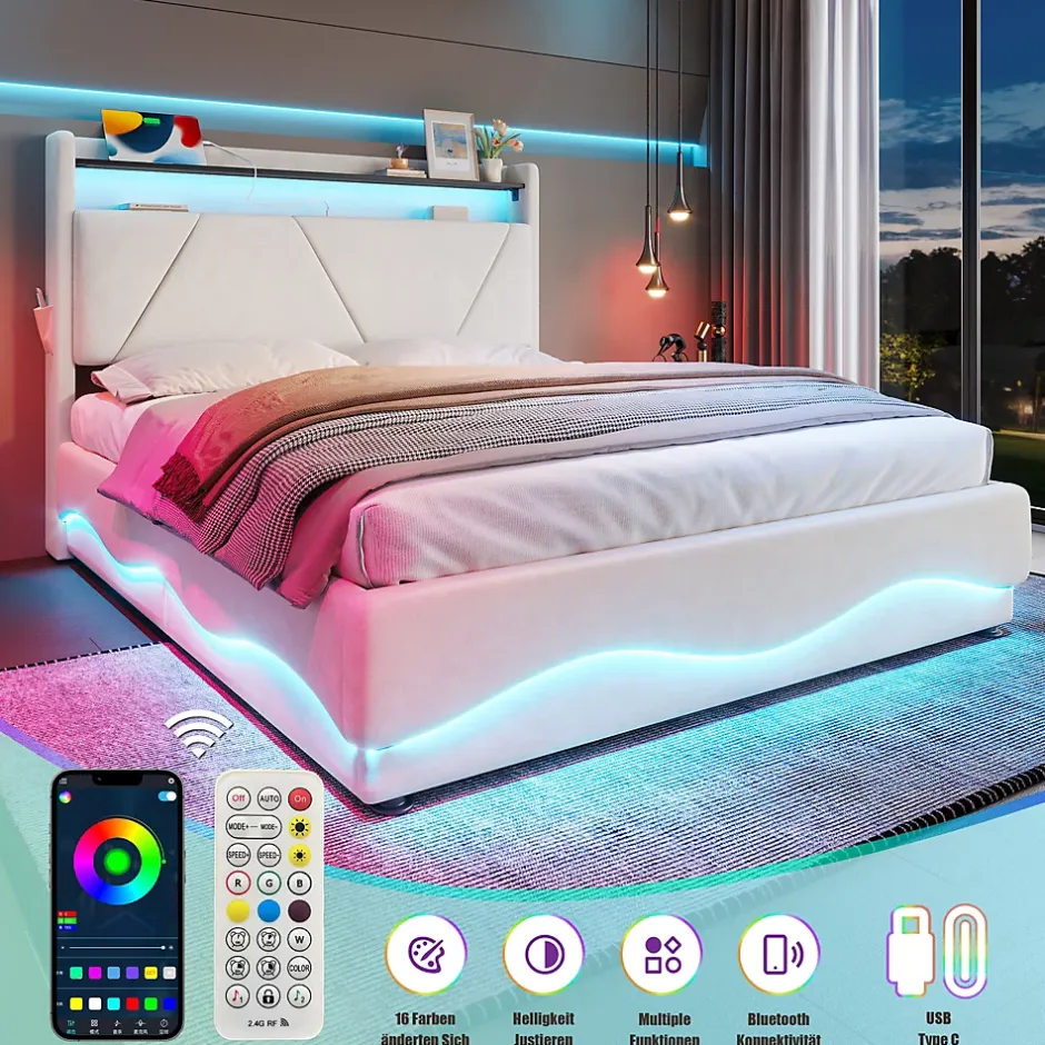 ProximaX Lit 160x200 cm beige avec LED, ports USB-C, rangement sous le lit et tête de lit design Outlet