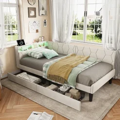 ProximaX Lit 90x200 cm beige en velours avec tiroirs et rangement, tête de lit LED, ports USB/Type-C, convertible en canapé ou lit simple Sale