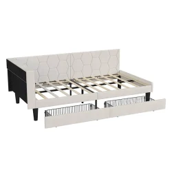 ProximaX Lit 90x200 cm beige en velours avec tiroirs et rangement, tête de lit LED, ports USB/Type-C, convertible en canapé ou lit simple Sale
