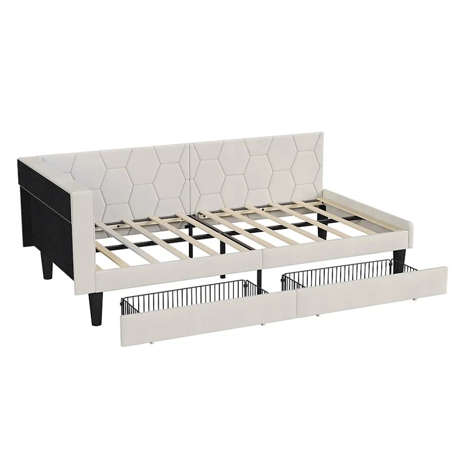 ProximaX Lit 90x200 cm beige en velours avec tiroirs et rangement, tête de lit LED, ports USB/Type-C, convertible en canapé ou lit simple Sale