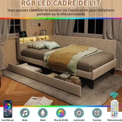 ProximaX Lit 90x200 cm beige en velours avec tiroirs et rangement, tête de lit LED, ports USB/Type-C, convertible en canapé ou lit simple Sale
