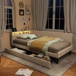 ProximaX Lit 90x200 cm beige en velours avec tiroirs et rangement, tête de lit LED, ports USB/Type-C, convertible en canapé ou lit simple Sale