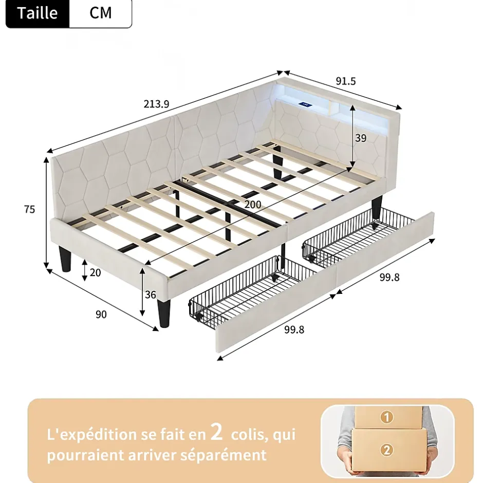 ProximaX Lit 90x200 cm beige en velours avec tiroirs et rangement, tête de lit LED, ports USB/Type-C, convertible en canapé ou lit simple Sale