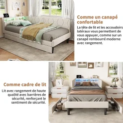 ProximaX Lit 90x200 cm beige en velours avec tiroirs et rangement, tête de lit LED, ports USB/Type-C, convertible en canapé ou lit simple Sale