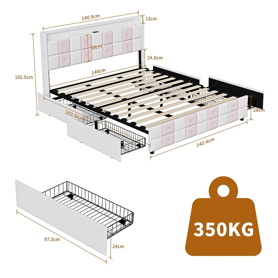 ProximaX Lit 140x190 cm blanc/rose en velours avec 4 tiroirs, LED 7 couleurs, ports USB, confort et rangement, style moderne Hot
