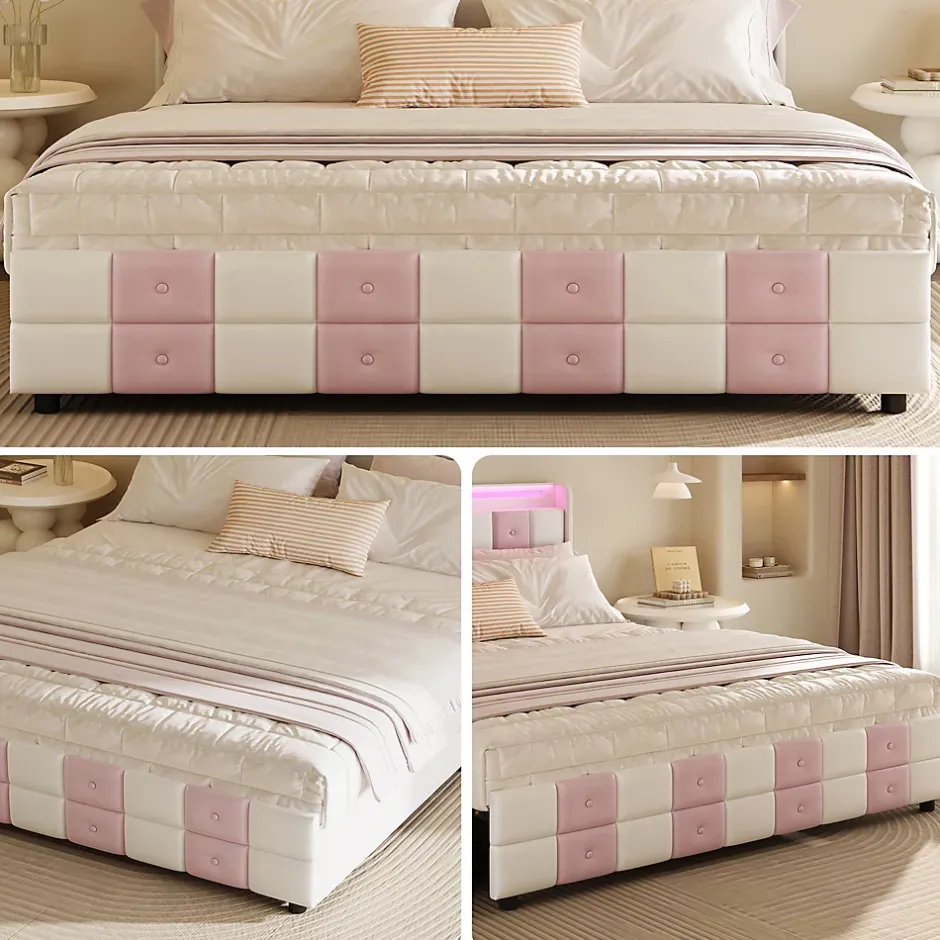ProximaX Lit 140x190 cm blanc/rose en velours avec 4 tiroirs, LED 7 couleurs, ports USB, confort et rangement, style moderne Hot