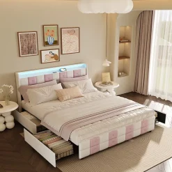 ProximaX Lit 140x190 cm blanc/rose en velours avec 4 tiroirs, LED 7 couleurs, ports USB, confort et rangement, style moderne Hot