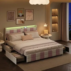 ProximaX Lit 140x190 cm blanc/rose en velours avec 4 tiroirs, LED 7 couleurs, ports USB, confort et rangement, style moderne Hot