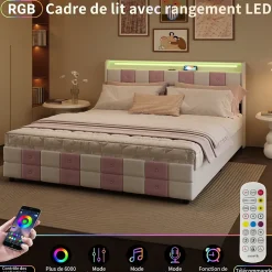 ProximaX Lit 140x190 cm blanc/rose en velours avec 4 tiroirs, LED 7 couleurs, ports USB, confort et rangement, style moderne Hot