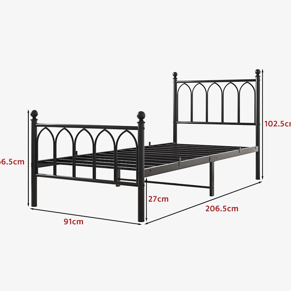 Redom Lit 90x200 cm cadre metal noir avec tete et pied hauts, lattes acier robustes et rangement sous lit 27 cm Sale