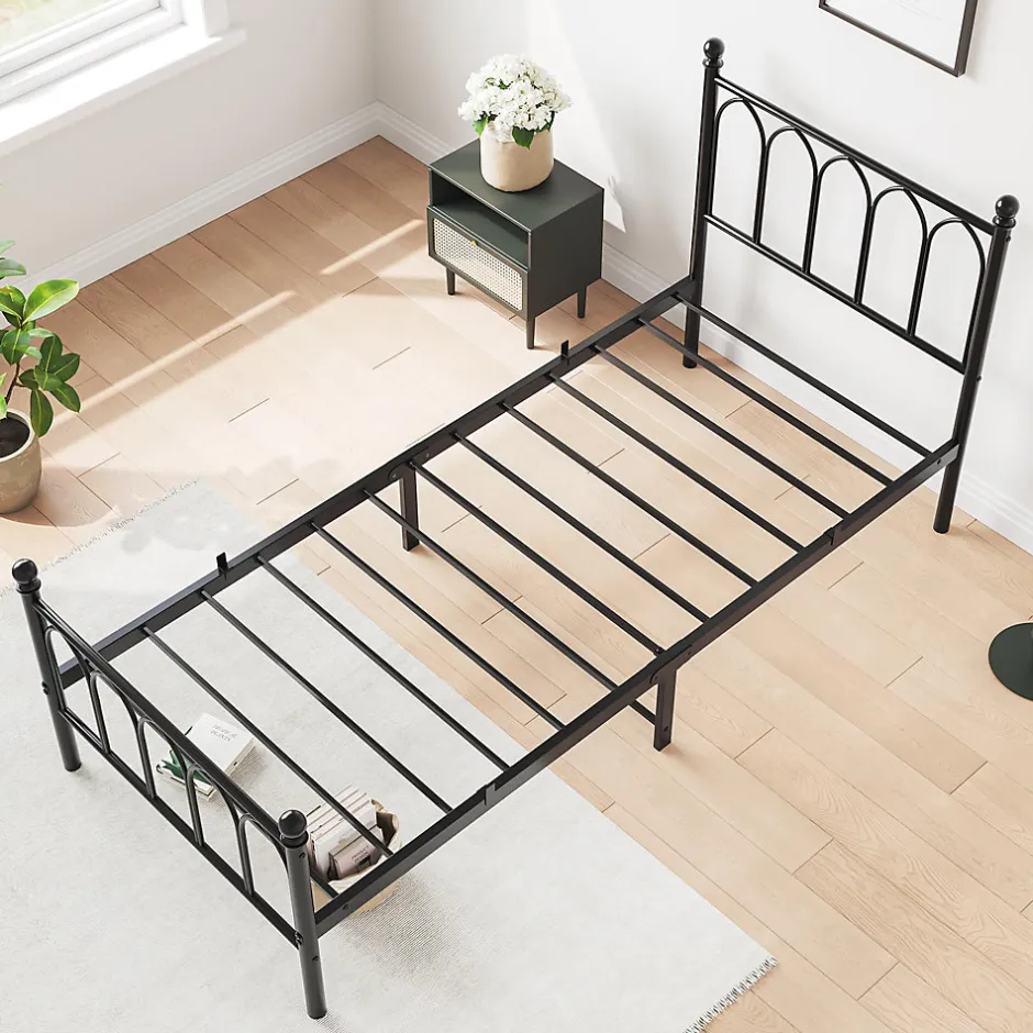 Redom Lit 90x200 cm cadre metal noir avec tete et pied hauts, lattes acier robustes et rangement sous lit 27 cm Sale