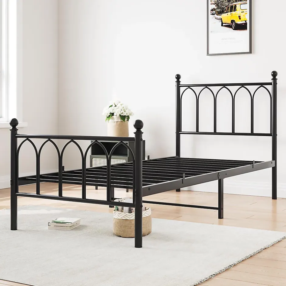 Redom Lit 90x200 cm cadre metal noir avec tete et pied hauts, lattes acier robustes et rangement sous lit 27 cm Sale