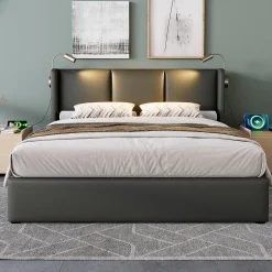 Redom Lit 140x200 cm coffre avec sommier relevable, tête de lit tapissée PU gris et lampe de lecture à chargeur USB