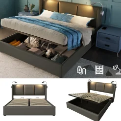 Redom Lit 140x200 cm coffre avec sommier relevable, tête de lit tapissée PU gris et lampe de lecture à chargeur USB
