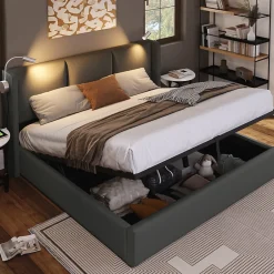 Redom Lit 140x200 cm coffre avec sommier relevable, tête de lit tapissée PU gris et lampe de lecture à chargeur USB