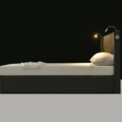 Redom Lit 140x200 cm coffre avec sommier relevable, tête de lit tapissée PU gris et lampe de lecture à chargeur USB
