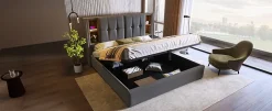 Redom Lit 180x200 cm coffre de rangement avec tête de lit charge sans fil, tapissé coton gris Sale