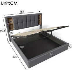 Redom Lit 180x200 cm coffre de rangement avec tête de lit charge sans fil, tapissé coton gris Sale