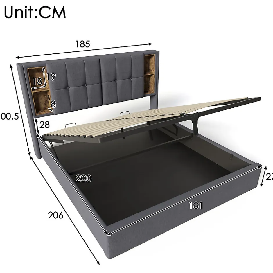Redom Lit 180x200 cm coffre de rangement avec tête de lit charge sans fil, tapissé coton gris Sale