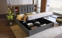 Redom Lit 180x200 cm coffre de rangement avec tête de lit charge sans fil, tapissé coton gris Sale