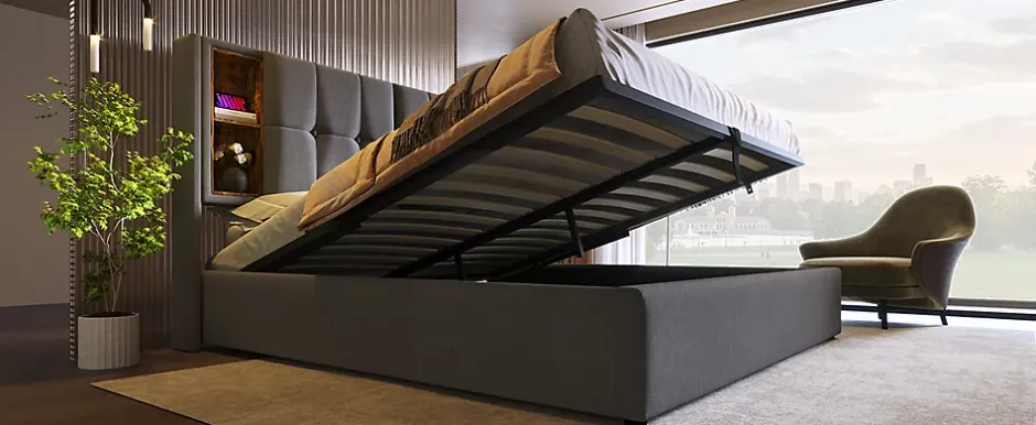 Redom Lit 180x200 cm coffre de rangement avec tête de lit charge sans fil, tapissé coton gris Sale