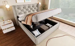 Redom Lit 160x200 cm coffre de rangement avec sommier relevable et tête de lit tapissée en coton gris clair Discount