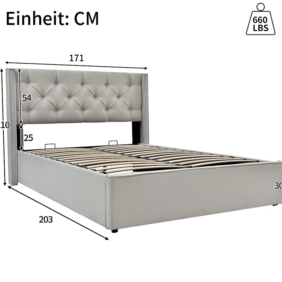 Redom Lit 160x200 cm coffre de rangement avec sommier relevable et tête de lit tapissée en coton gris clair Discount