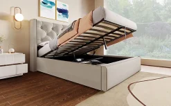 Redom Lit 160x200 cm coffre de rangement avec sommier relevable et tête de lit tapissée en coton gris clair Discount