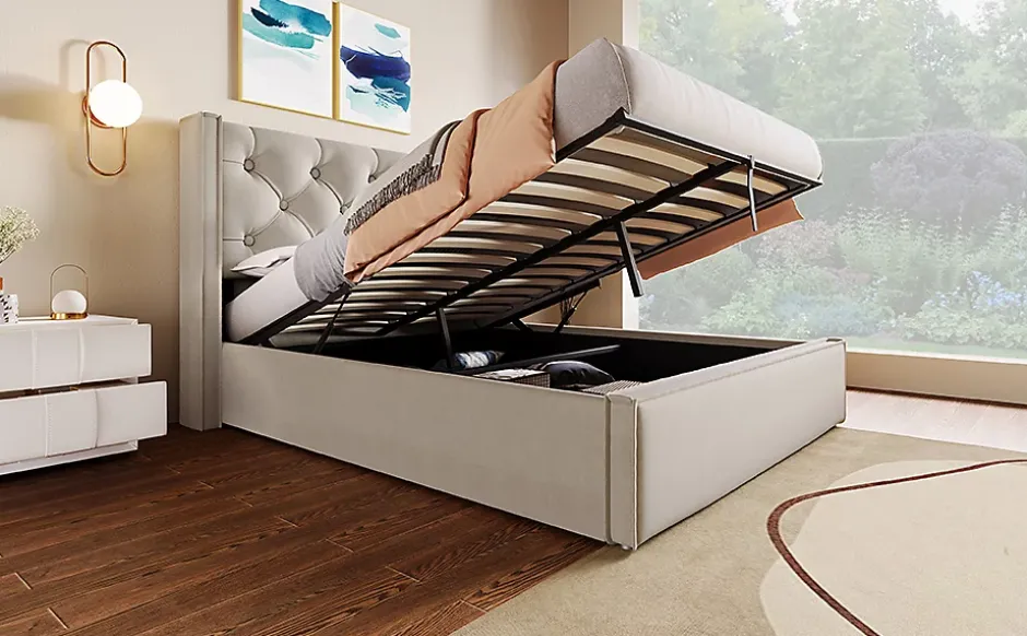 Redom Lit 160x200 cm coffre de rangement avec sommier relevable et tête de lit tapissée en coton gris clair Discount