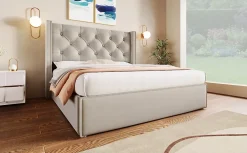 Redom Lit 160x200 cm coffre de rangement avec sommier relevable et tête de lit tapissée en coton gris clair Discount