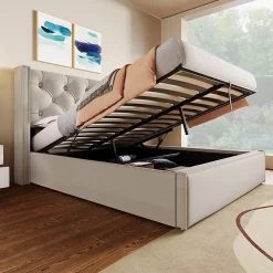 Redom Lit 160x200 cm coffre de rangement avec sommier relevable et tête de lit tapissée en coton gris clair Discount