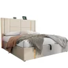 Redom Lit 180x200 cm coffre de rangement et sommier relevable, tapissé lin beige, ports USB/Type-C, éclairage LED