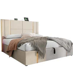 Redom Lit 180x200 cm coffre de rangement et sommier relevable, tapissé lin beige, ports USB/Type-C, éclairage LED