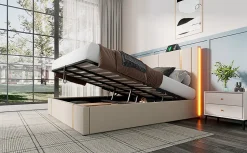 Redom Lit 180x200 cm coffre de rangement et sommier relevable, tapissé lin beige, ports USB/Type-C, éclairage LED